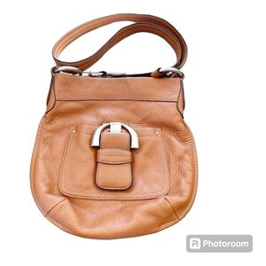 b. makowsky Tan and Brown Crossbody Bag with Decorative Buckle